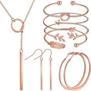 Rose Gold Simple Bar Jewelry Set Vertical Bar Necklace Earrings Adjustable Cuff